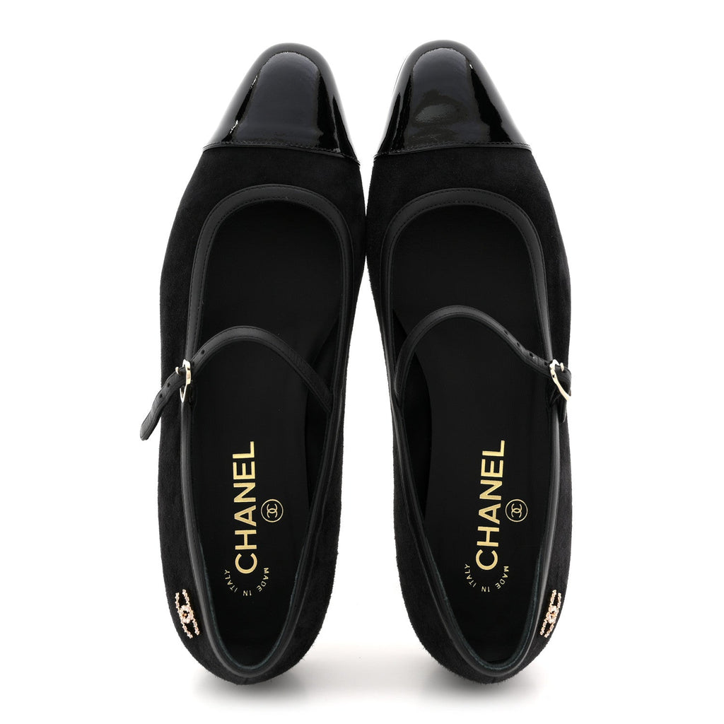 Chanel Suede Kidskin Lambskin Patent Calfskin Crystal CC Cap Toe Flats 40 Black