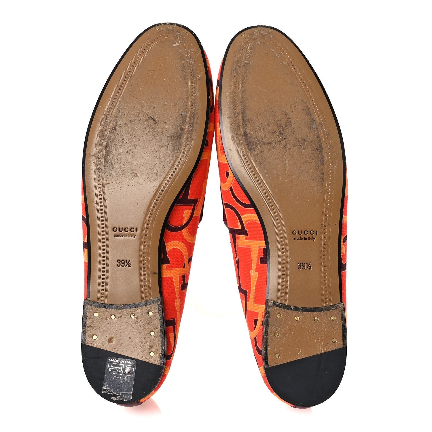 Gucci Betis Glamour Canvas Horsebit Print Womens Jordaan Loafers 39.5 Orange Red Rosso Ancora