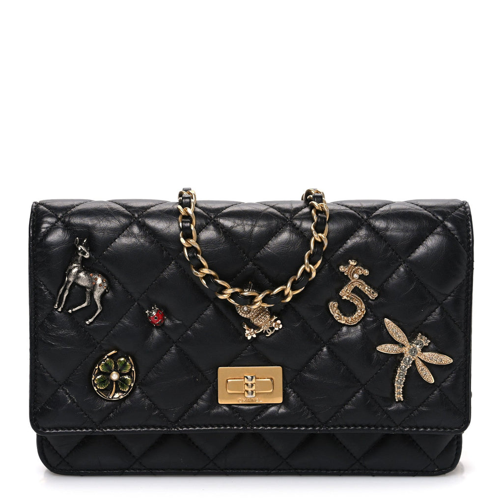 Chanel Aged Calfskin Lucky Charms 2.55 Reissue Wallet on Chain WOC Black