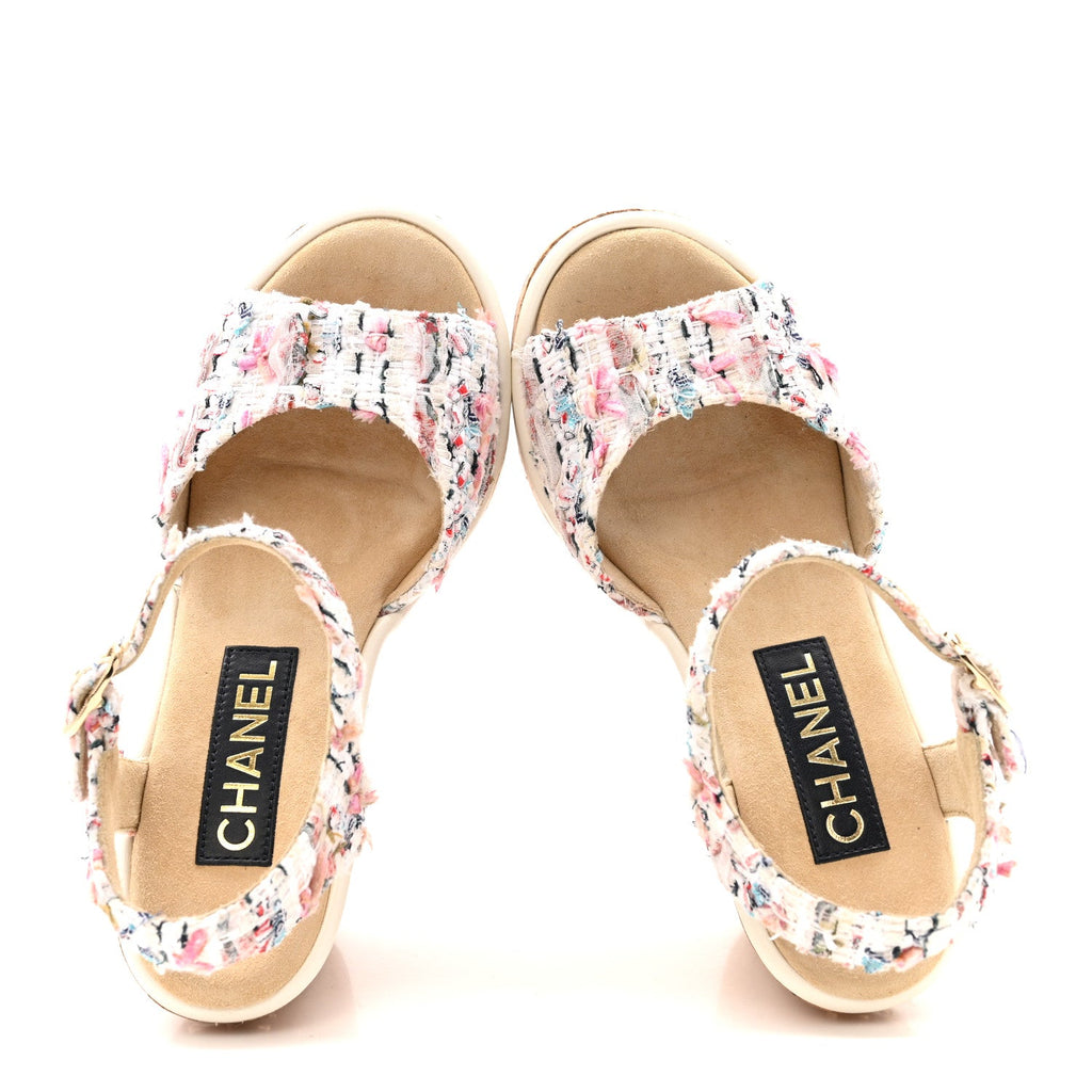 Chanel Tweed Cork CC Wedge Sandals 37 Ecru Pink Blue Green