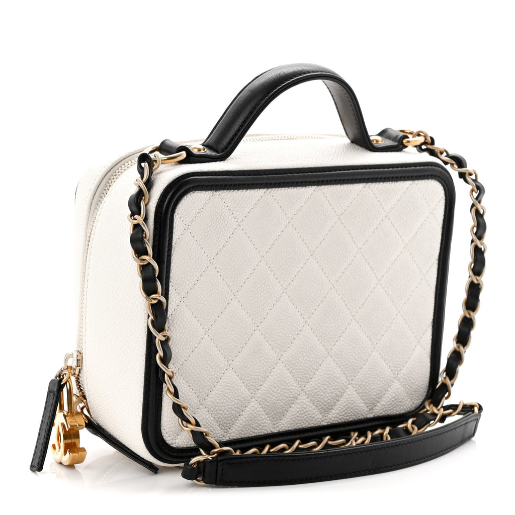 Chanel Caviar Quilted Medium CC Filigree Vanity Case White Black