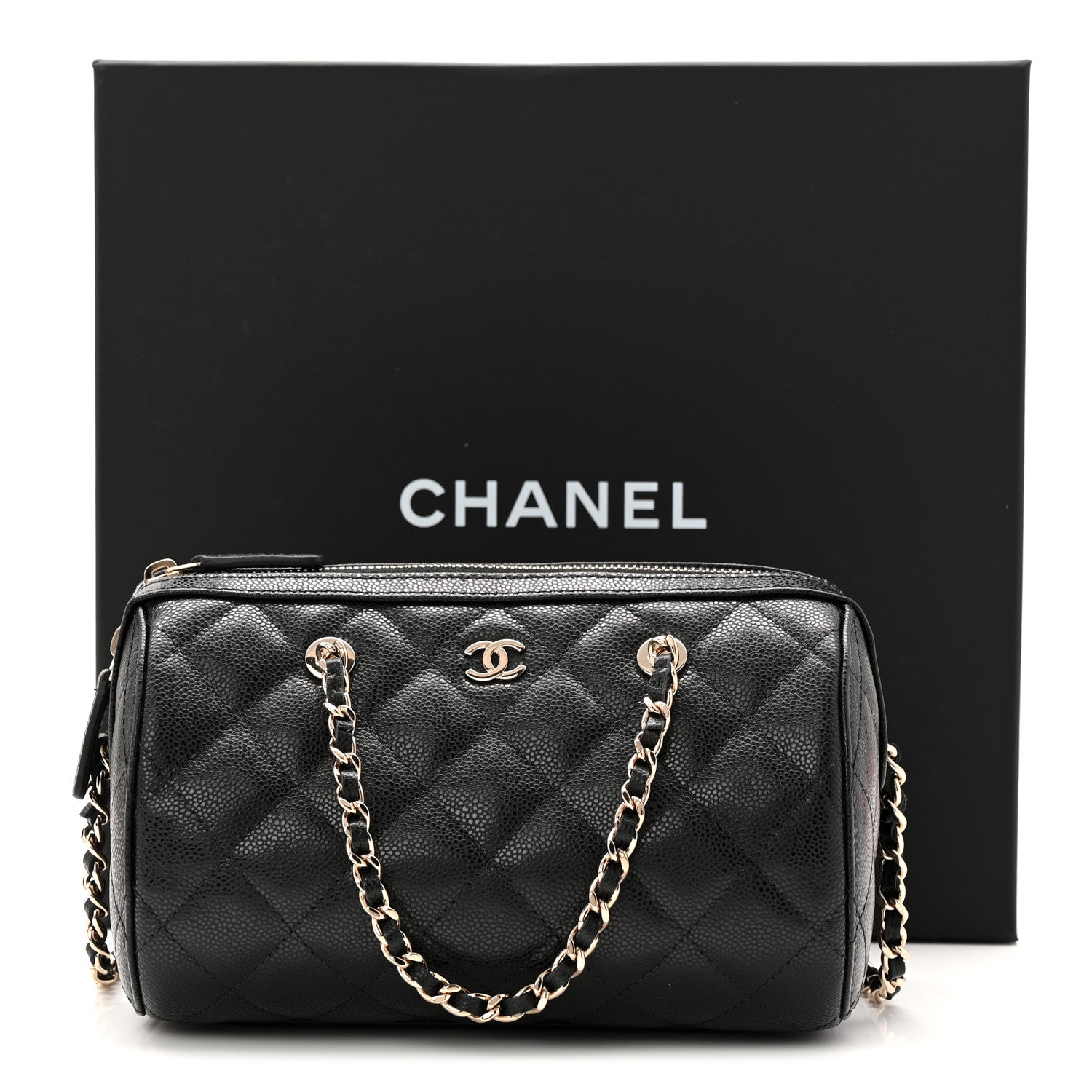 Chanel Caviar Quilted Barrel Clutch With Chain Black