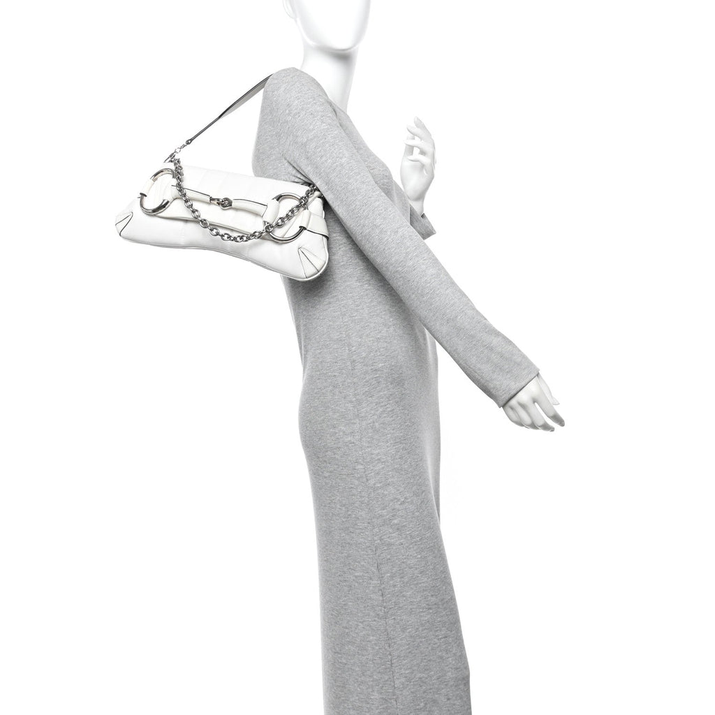 Gucci Nappa Vertical Matelasse Medium Maxi Horsebit Chain Shoulder Bag Mystic White