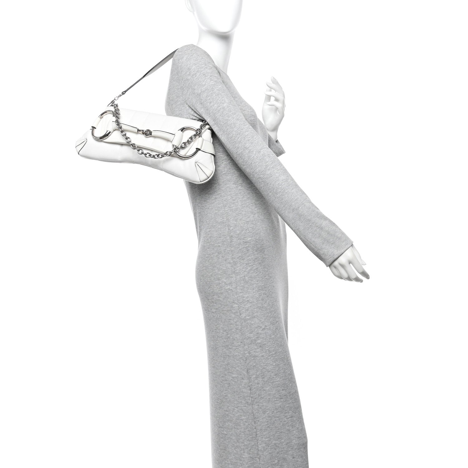 Gucci Nappa Vertical Matelasse Medium Maxi Horsebit Chain Shoulder Bag Mystic White
