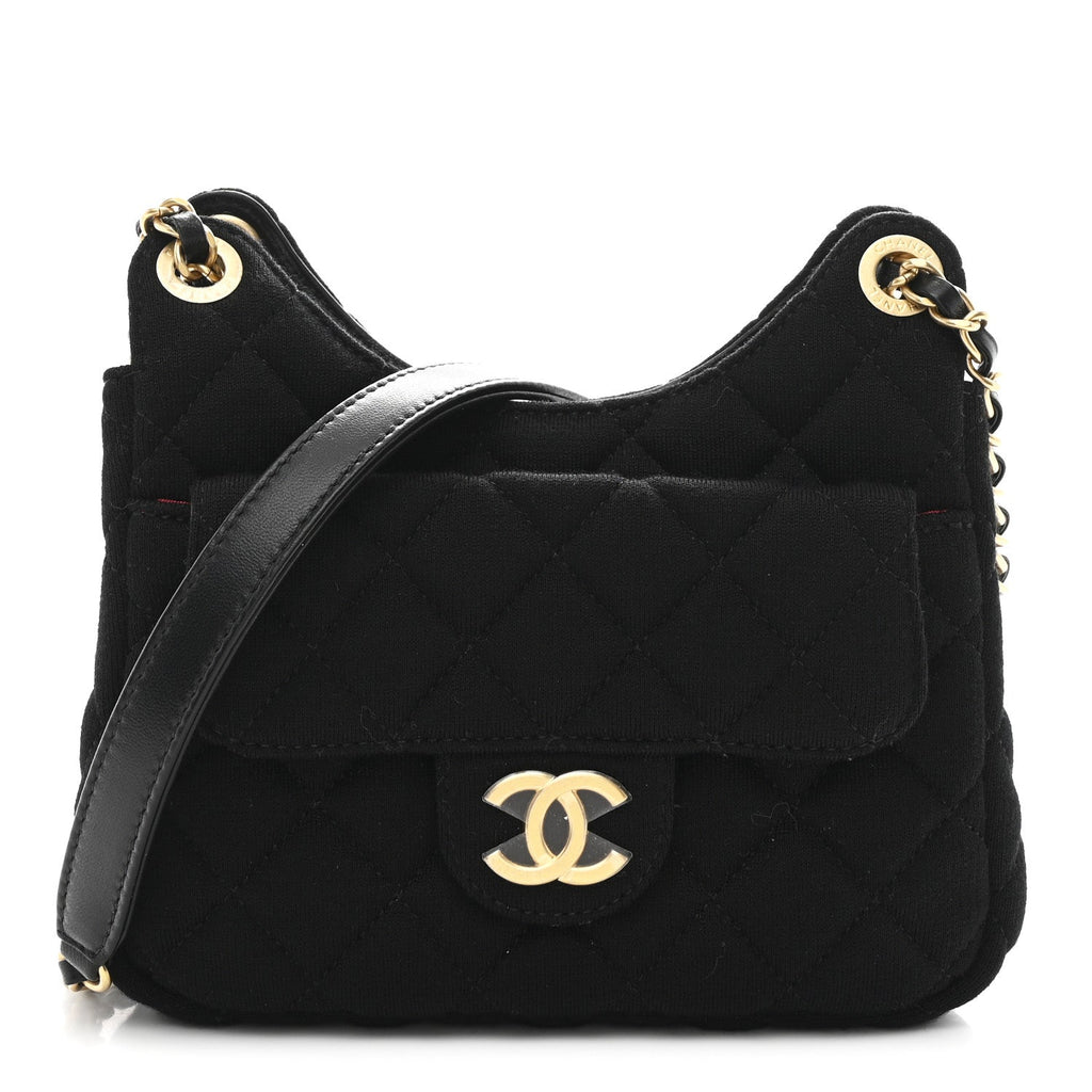 Chanel Jersey Quilted Small Wavy CC Hobo Black