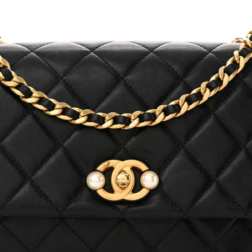 Chanel Glazed Calfskin Quilted Pearl Side Flap Black