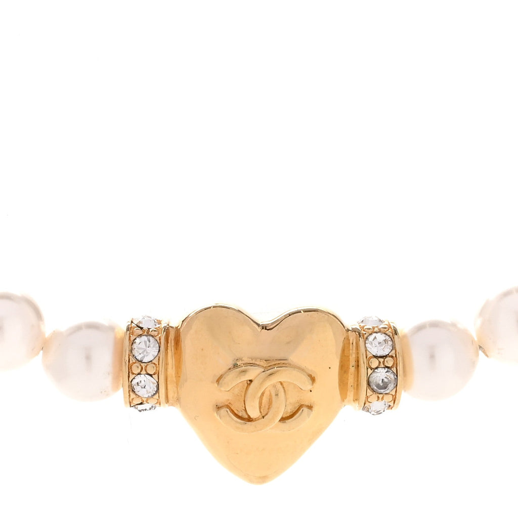 Crystal Pearl CC Heart Choker Necklace Gold