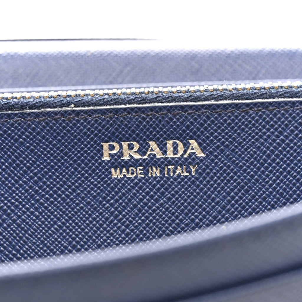 Prada Saffiano Metal Bar Continental Flap Wallet Bluette