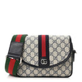 Gucci GG Supreme Monogram Textured Dollar Calfskin Web Studded Mini Ophidia Flap Shoulder Bag Beige Blue
