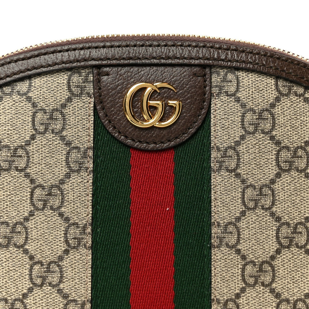 Gucci GG Supreme Monogram Textured Dollar Calfskin Web Small Ophidia Dome Shoulder Bag Beige Ebony New Acero