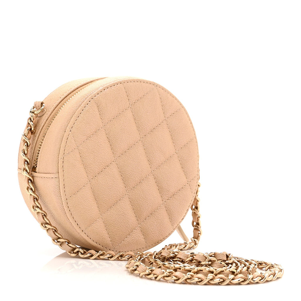 Chanel Iridescent Caviar Quilted Round Clutch With Chain Beige