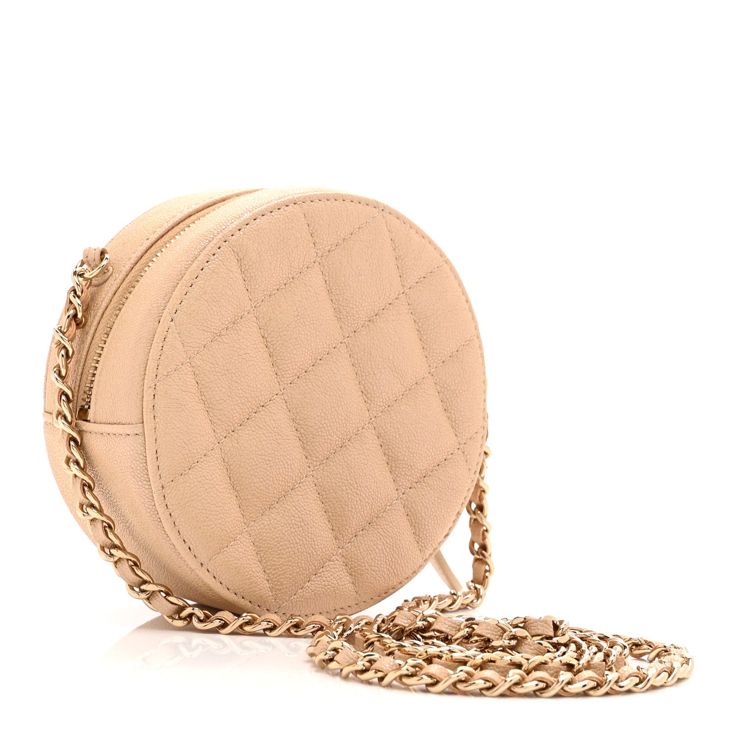 Chanel Iridescent Caviar Quilted Round Clutch With Chain Beige