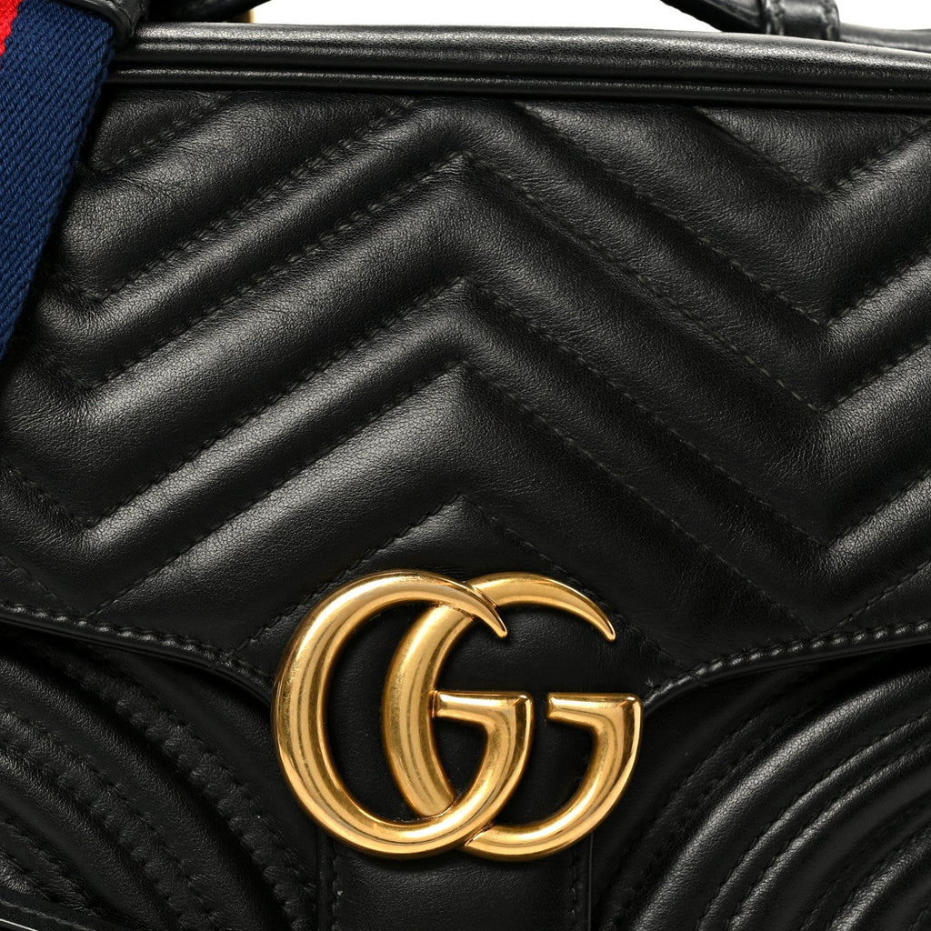 Gucci Calfskin Matelasse Sylvie Web Small GG Marmont Top Handle Shoulder Bag Black