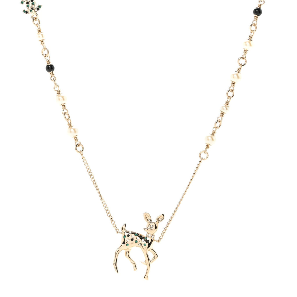Metal Crystal Pearl Deer Pendant Necklace Green Black Gold
