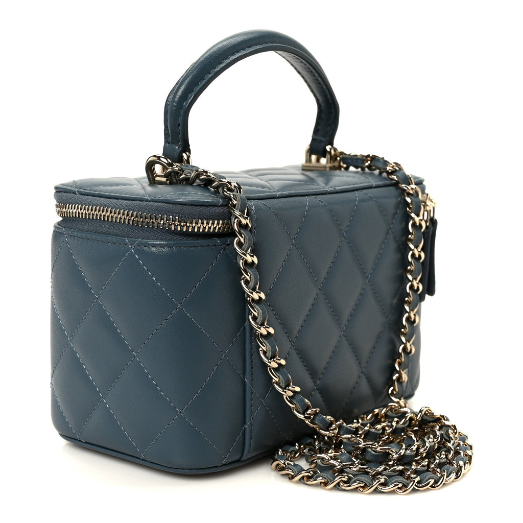 Chanel Lambskin Quilted Small Top Handle Vanity Case With Chain Blue