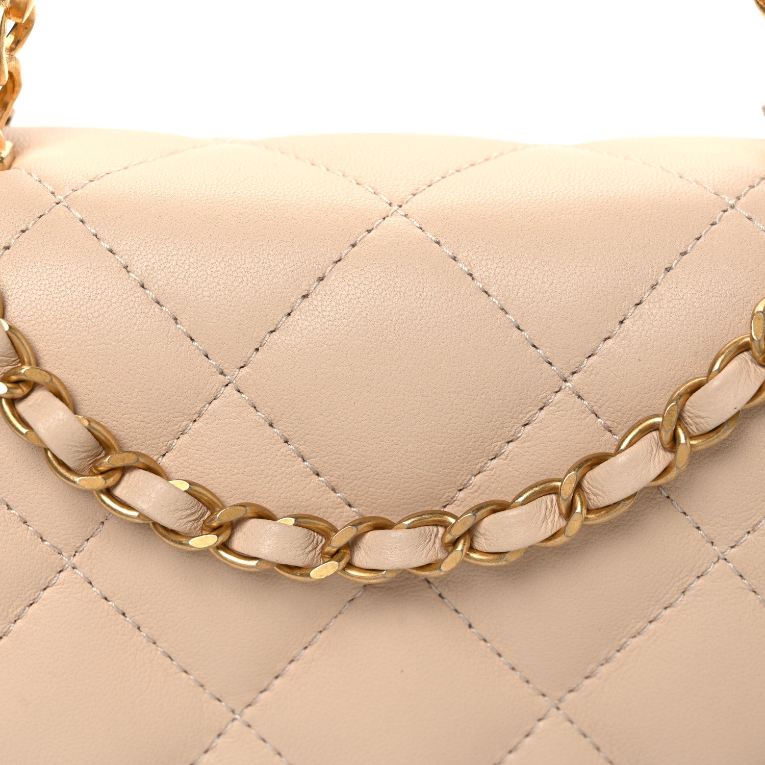 Chanel Lambskin Quilted Metal Enamel Chain Top Handle Square Flap Beige