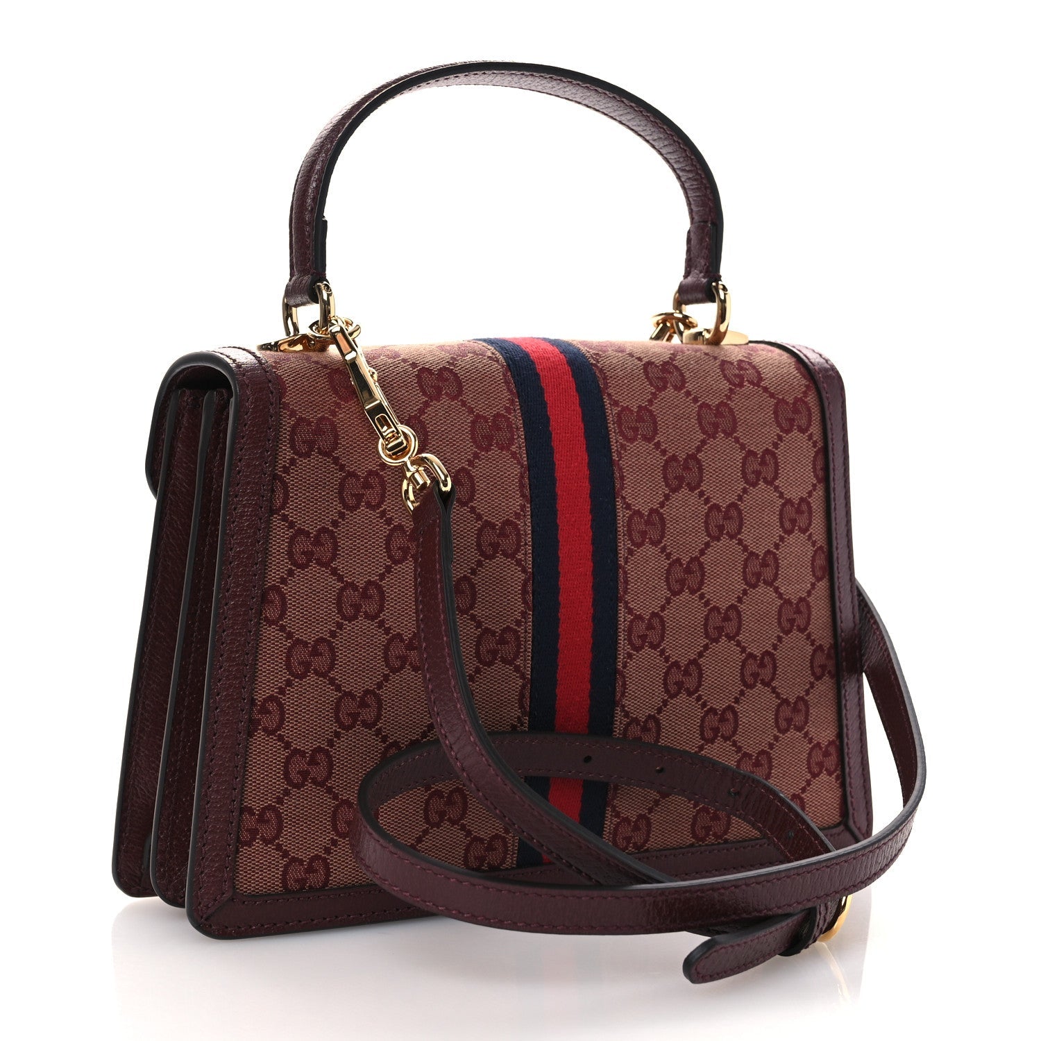 Gucci GG Supreme Monogram Textured Dollar Calfskin Web Small Ophidia Padlock Top Handle Bag Bordeaux