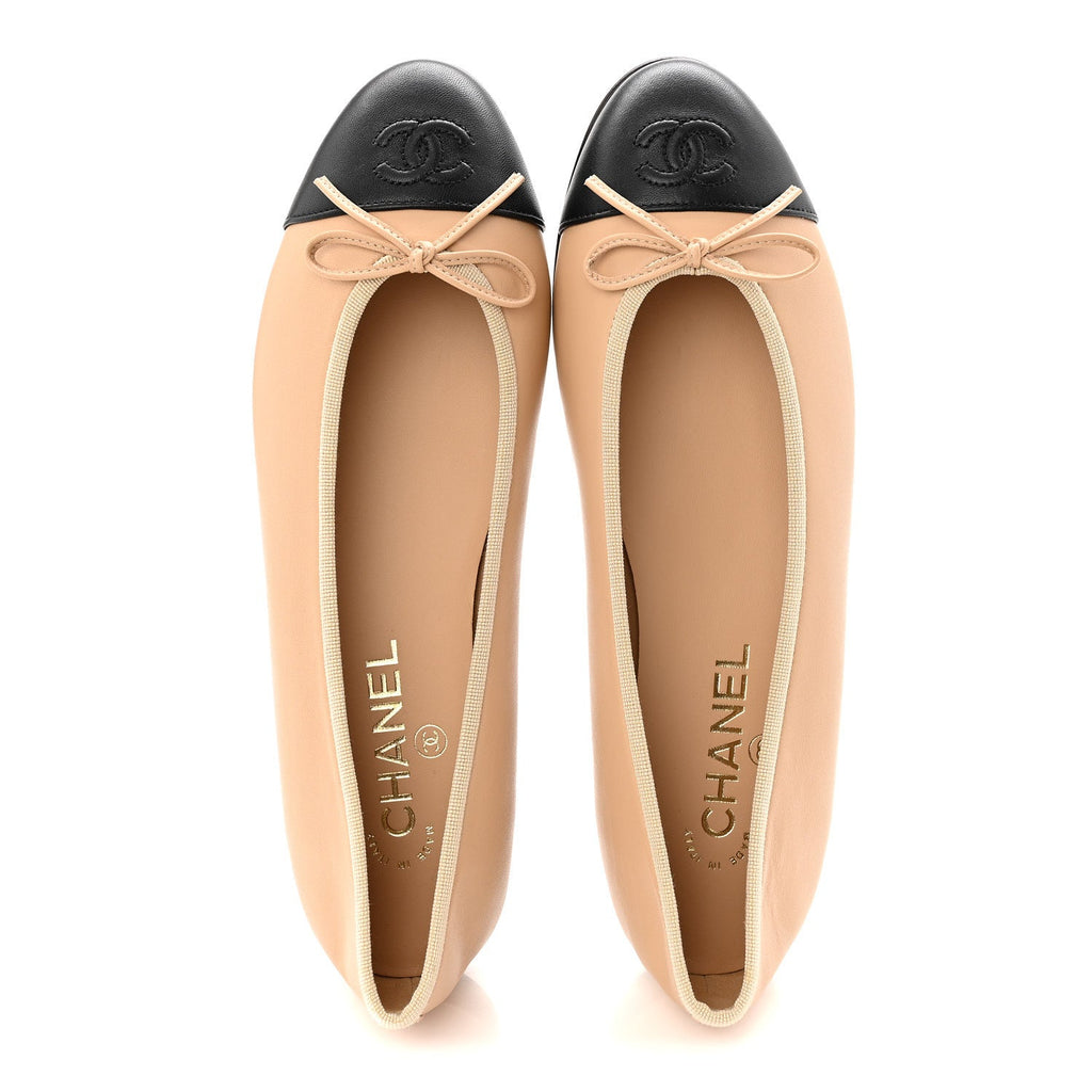 Lambskin Cap Toe CC Ballerina Flats 39.5 Beige Black