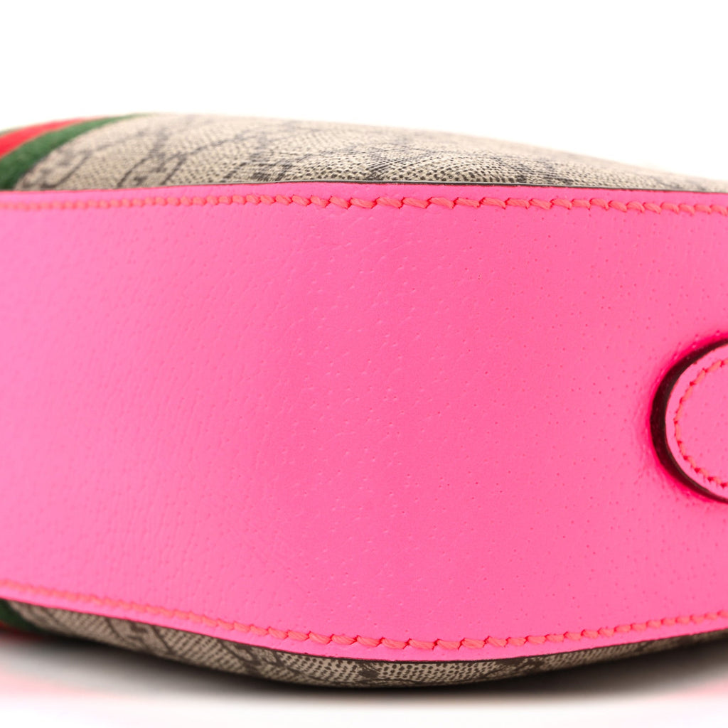 Gucci GG Supreme Monogram Textured Dollar Calfskin Web Ophidia Small Crossbody Bag Beige Ebony Fuchsia