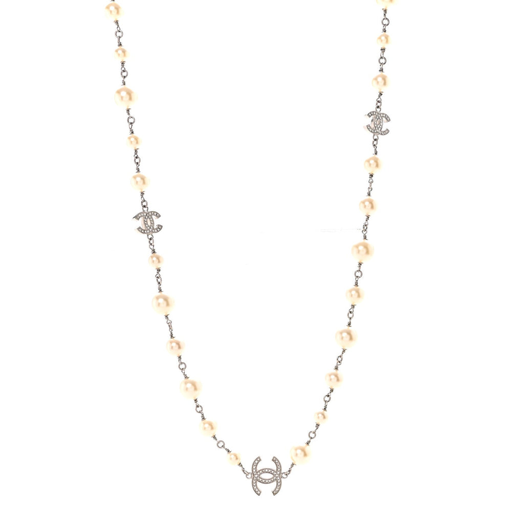 Graduated Pearl Crystal CC Long Necklace Silver