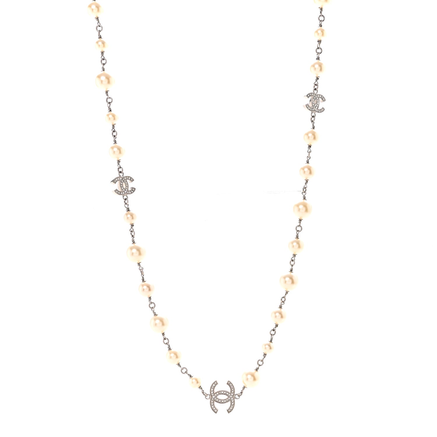Graduated Pearl Crystal CC Long Necklace Silver