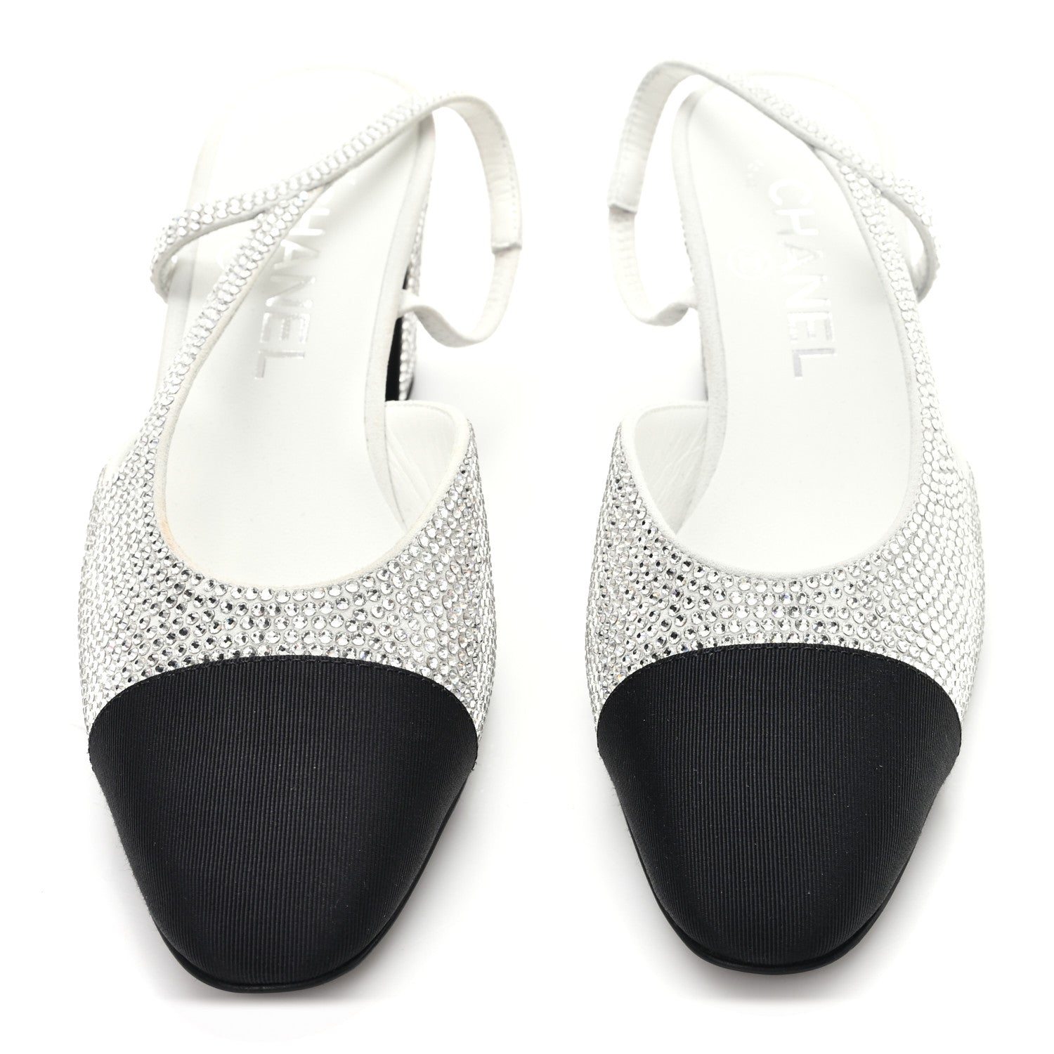 Chanel Strass Grosgrain Cap Toe CC Slingback Pumps 36 Silver Black