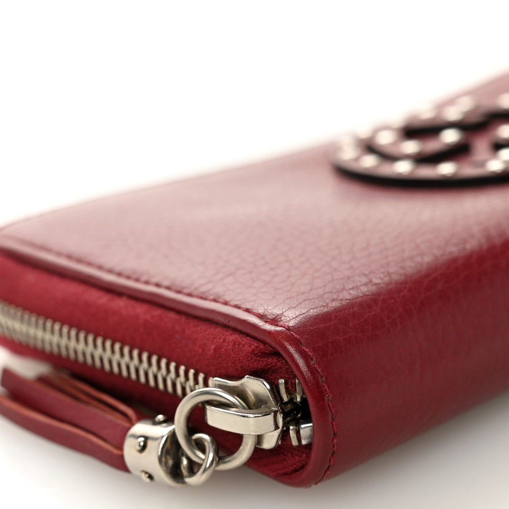 Gucci Pebbled Calfskin Studded Soho Zip Around Wallet Soft Burgundy