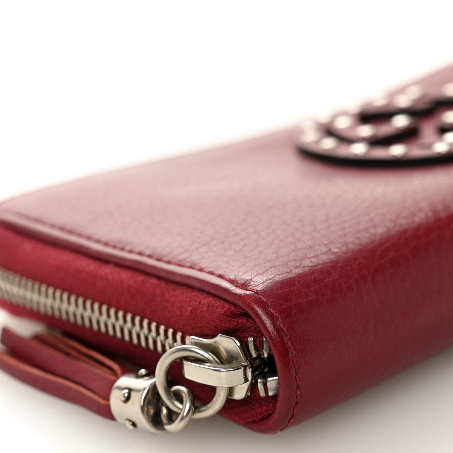 Gucci Pebbled Calfskin Studded Soho Zip Around Wallet Soft Burgundy