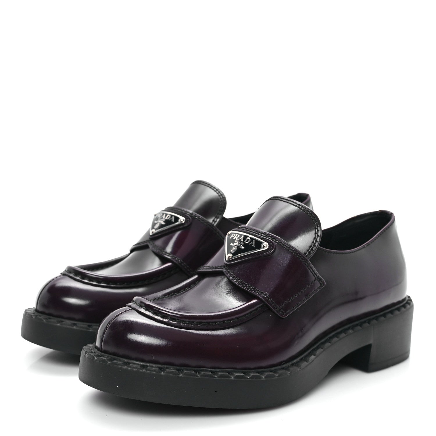 Prada Spazzolato Metal Triangle Logo 50mm Loafers 35 Cordovan