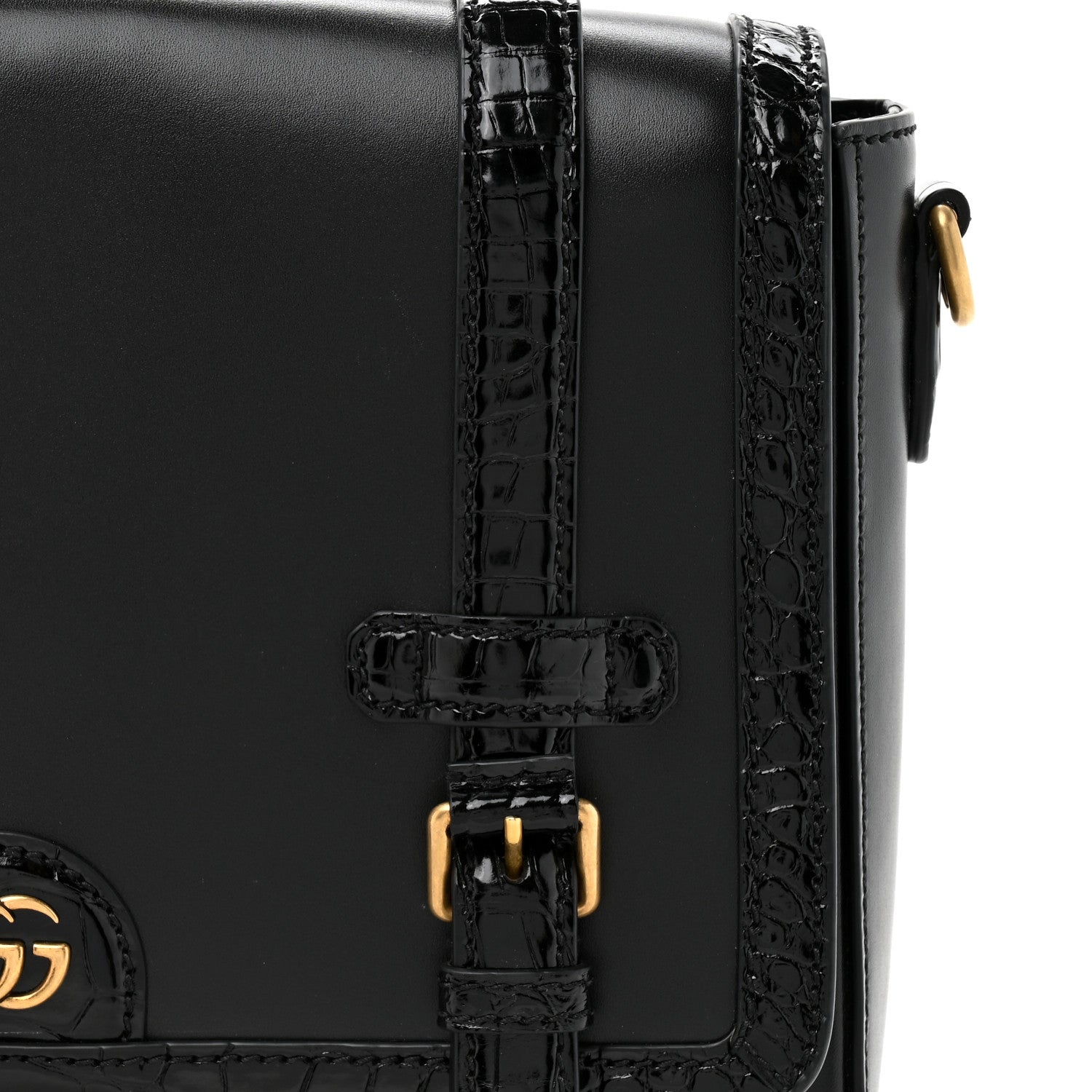 Gucci Calfskin Crocodile GG Double Buckle Medium Messenger Bag Black