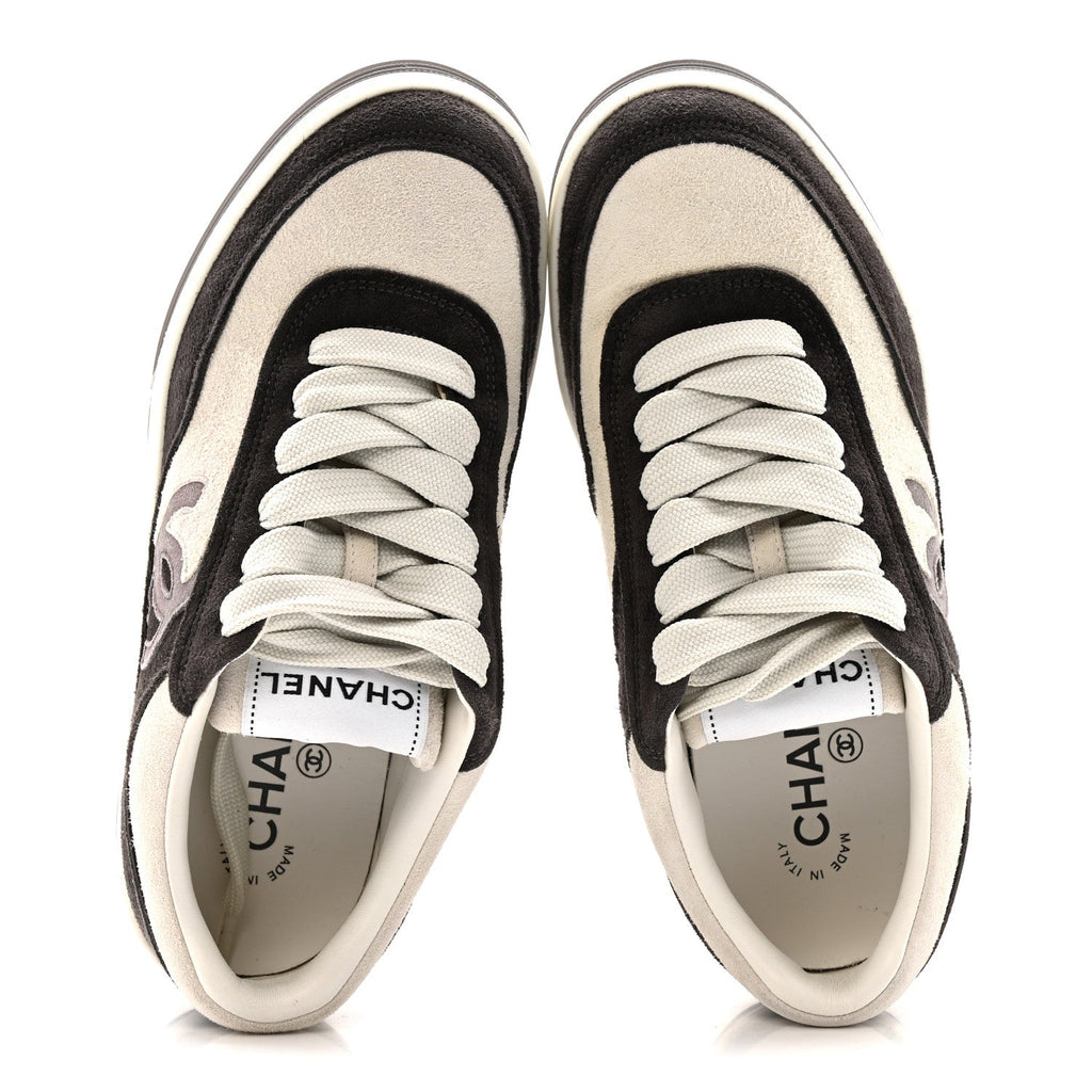 Chanel Suede Kidskin Womens CC Sneakers 36 Black White