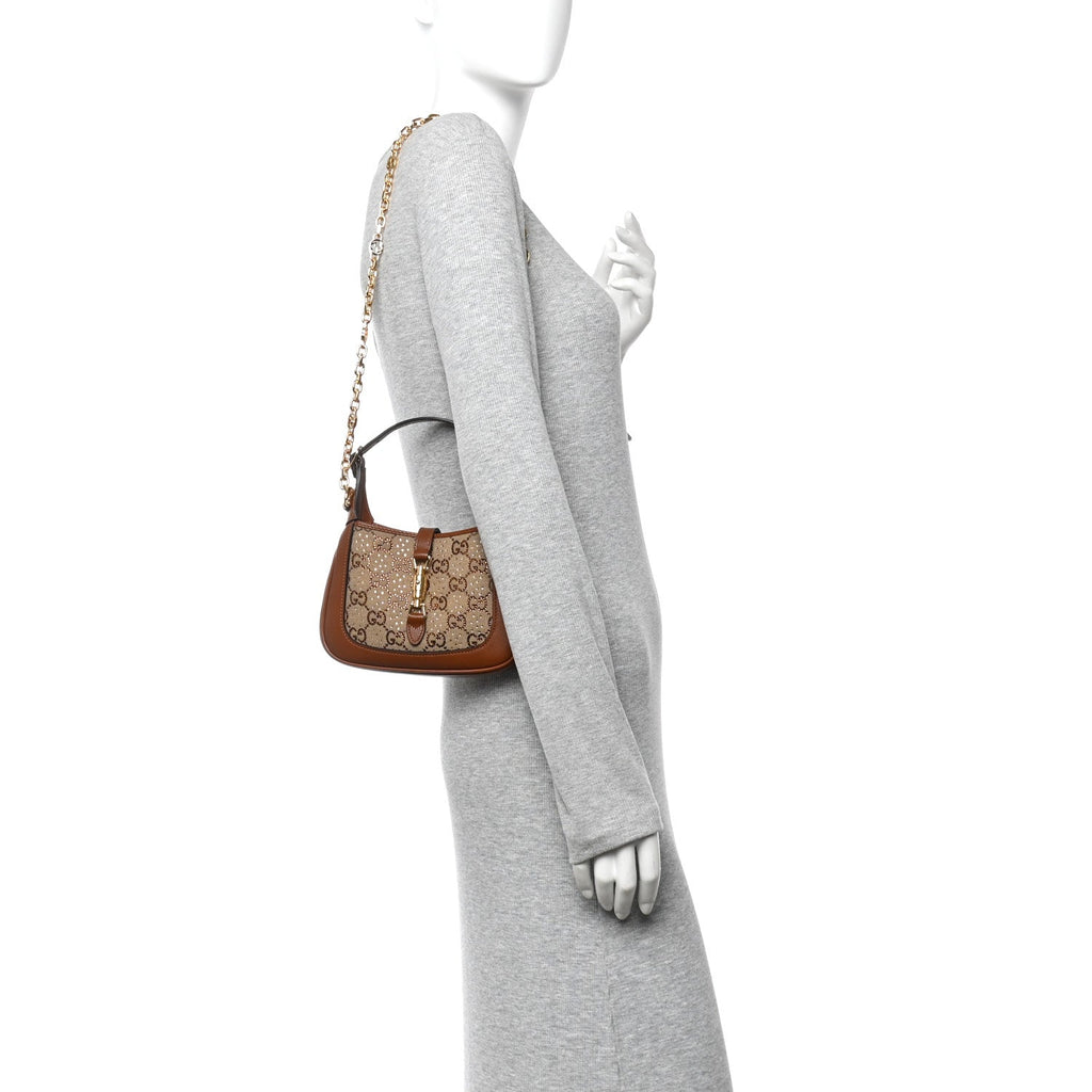 Gucci New Canvas Charisma Calfskin Crystal GG Monogram Mini Jackie 1961 Hobo Camel Ebony