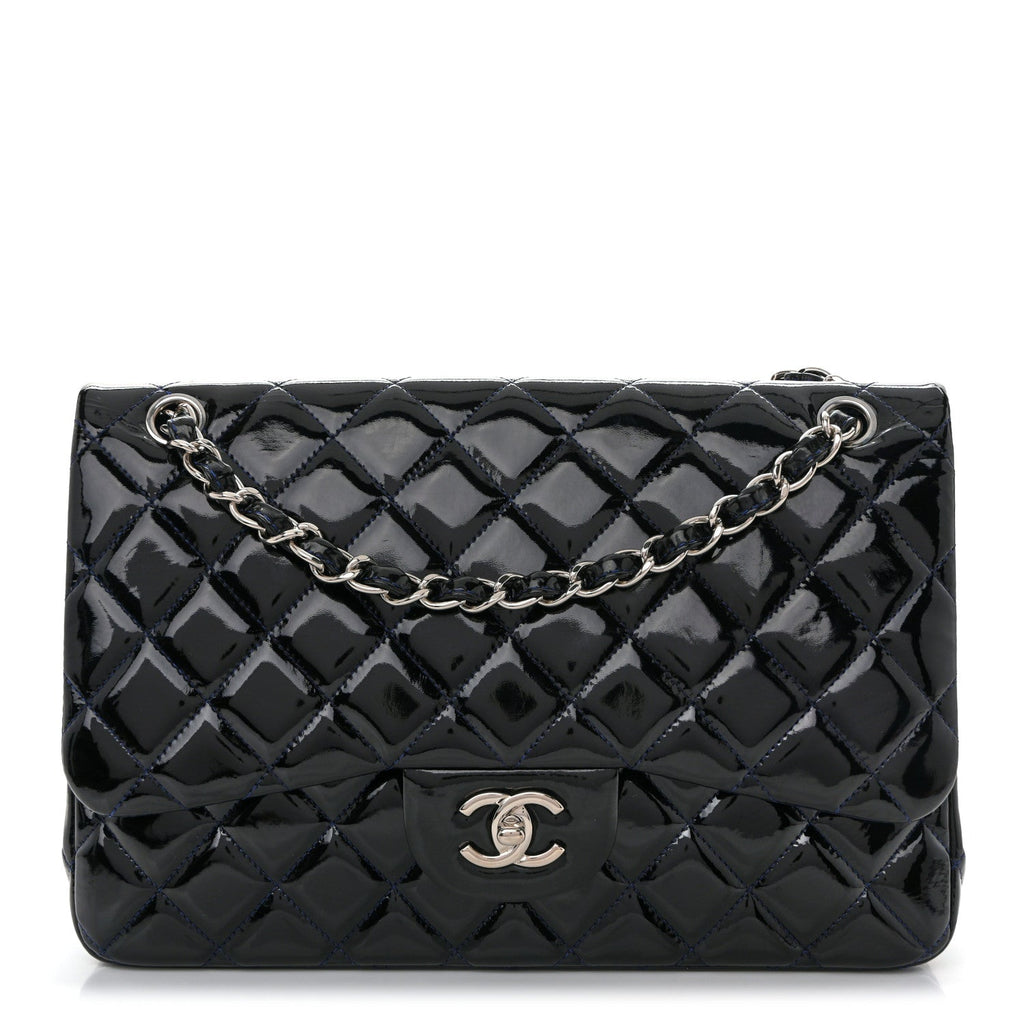 Chanel Patent Quilted Jumbo Double Flap Dark Blue