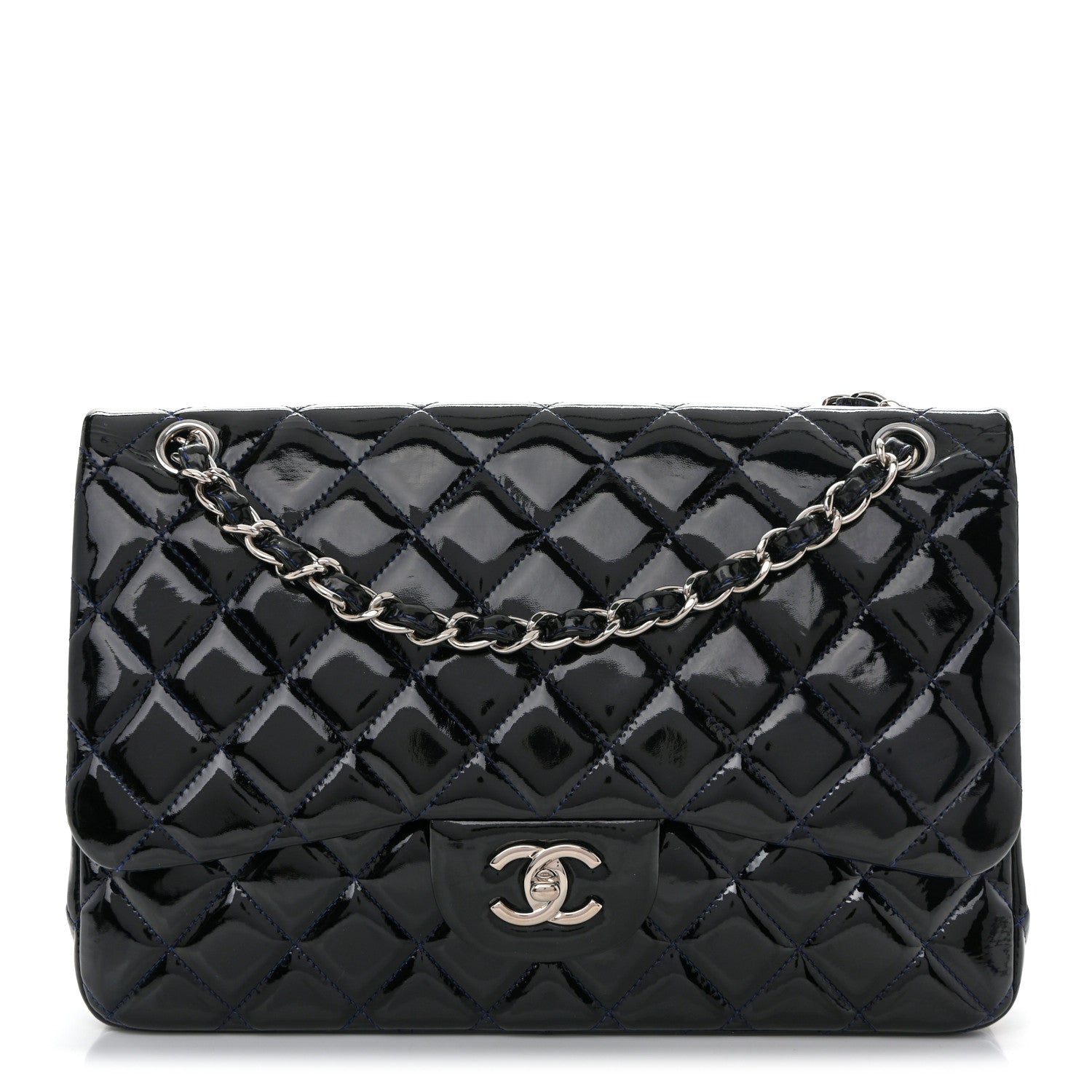 Chanel Patent Quilted Jumbo Double Flap Dark Blue