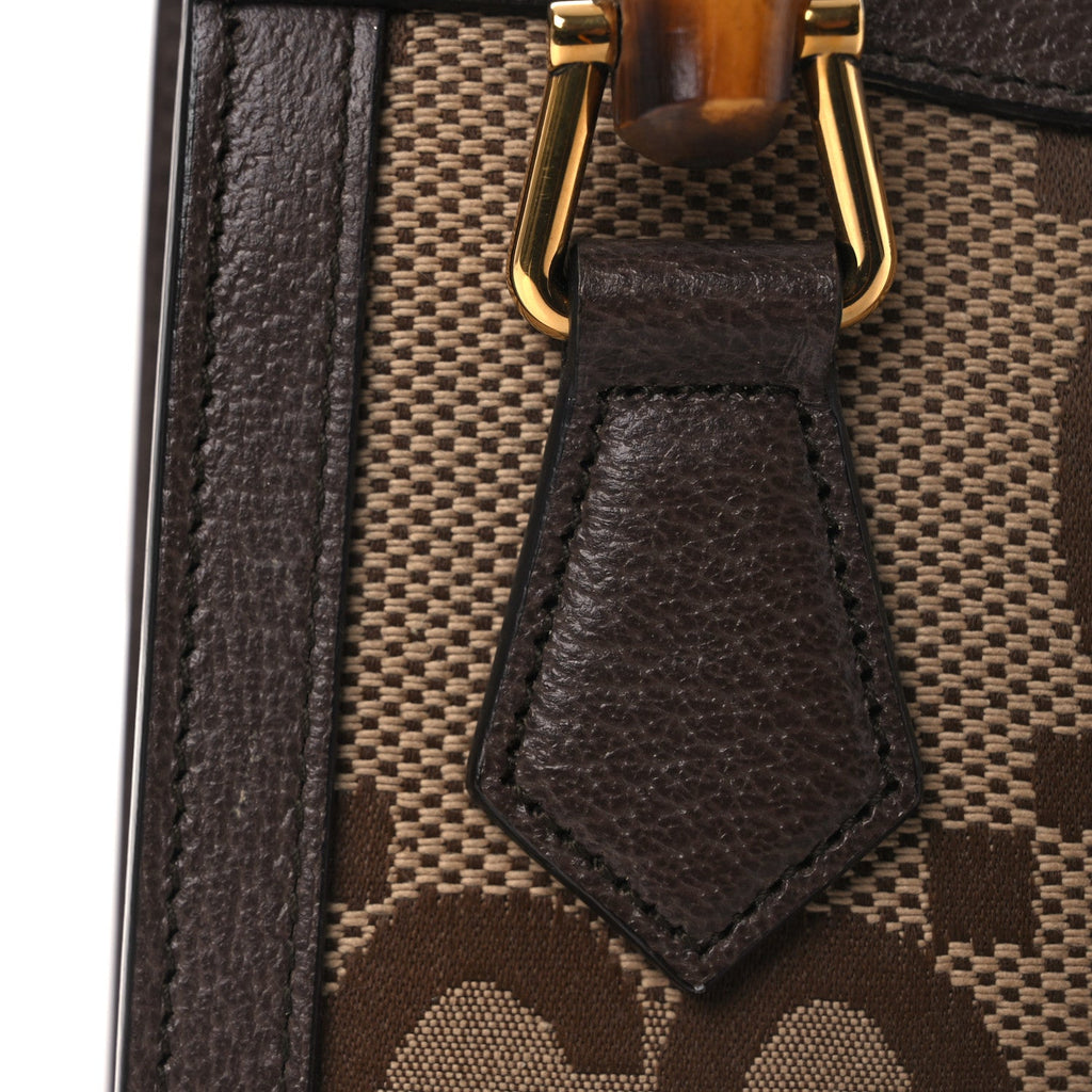 Gucci Monogram Jumbo GG Textured Dollar Calfskin Mini Diana Tote Bag Camel Ebony New Acero