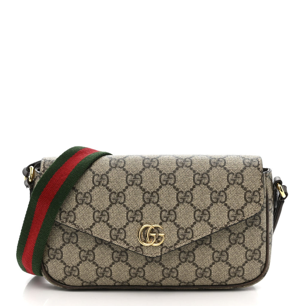 Gucci GG Supreme Monogram Textured Dollar Calfskin Web Mini Ophidia Envelope Shoulder Bag Beige Ebony New Acero