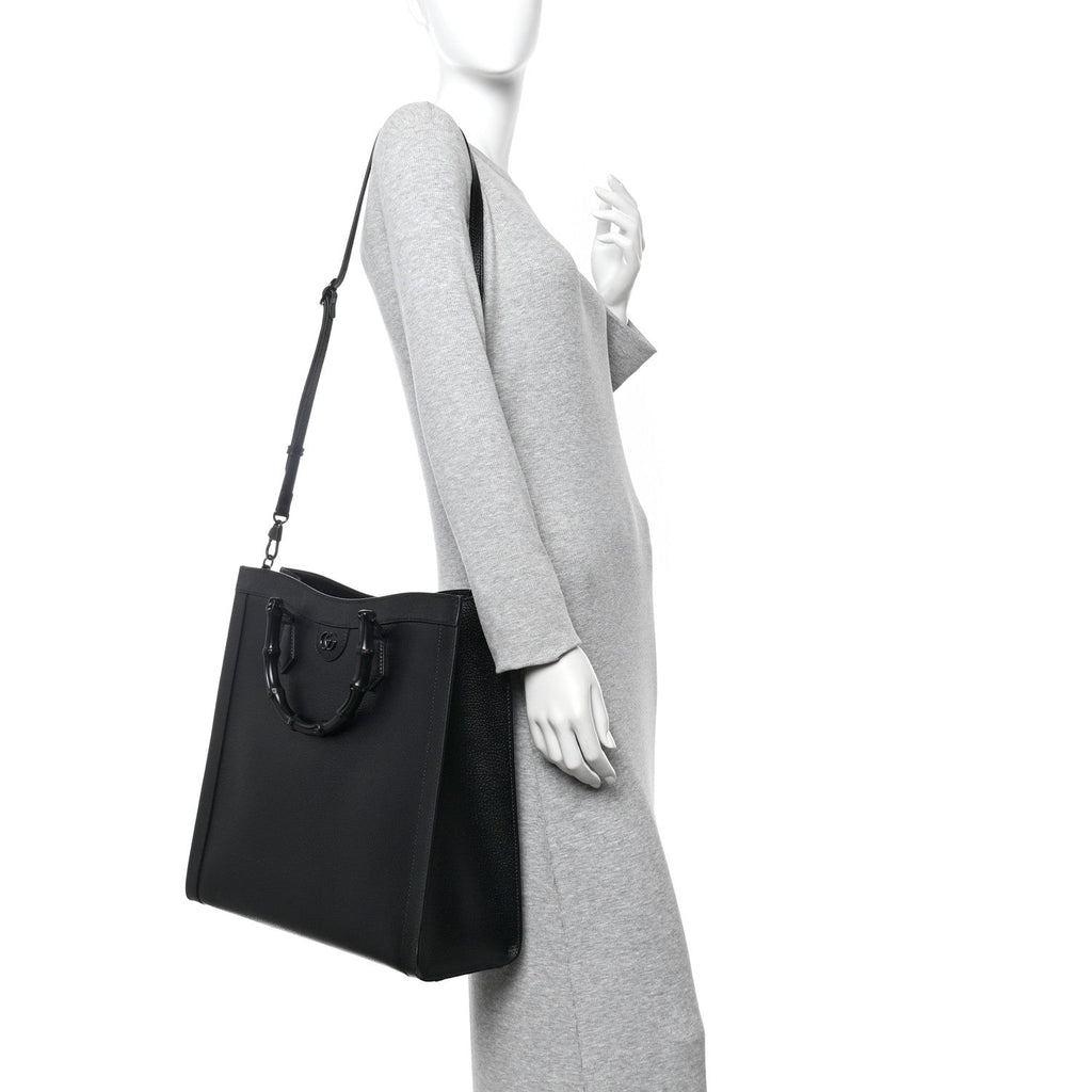 Gucci Textured Dollar Calfskin Web Monochrome Large Diana Tote Bag Black