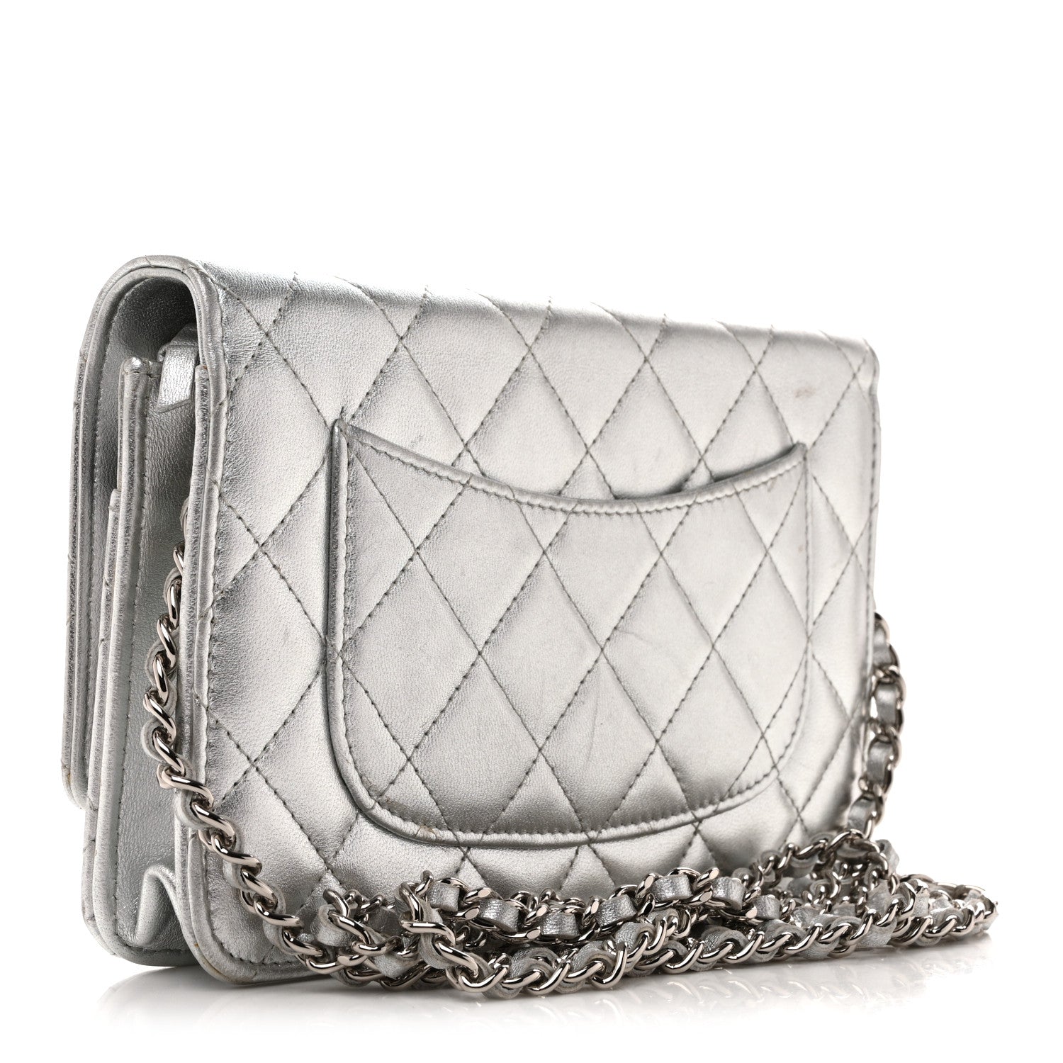 Chanel Metallic Lambskin Quilted Wallet On Chain WOC Silver