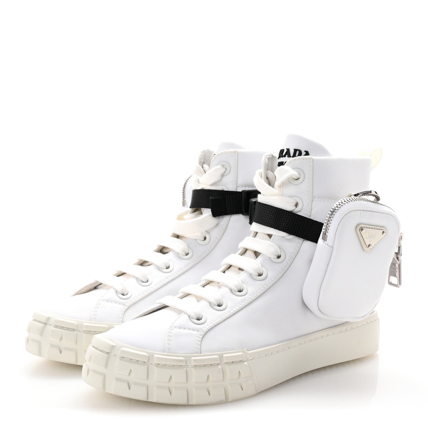 Prada Re-Nylon Gabardine Metal Triangle Logo Wheel Pouch Pocket High Top Sneakers 36 White