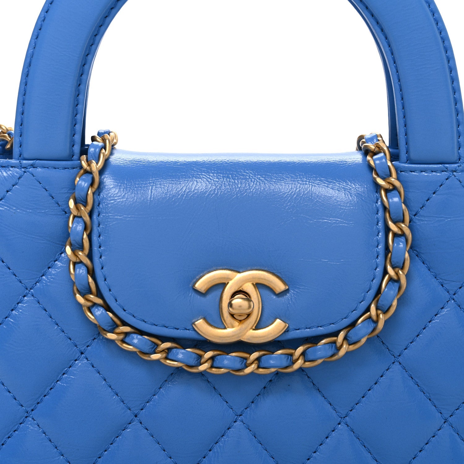 Chanel Shiny Aged Calfskin Quilted Nano Kelly Shopper Blue