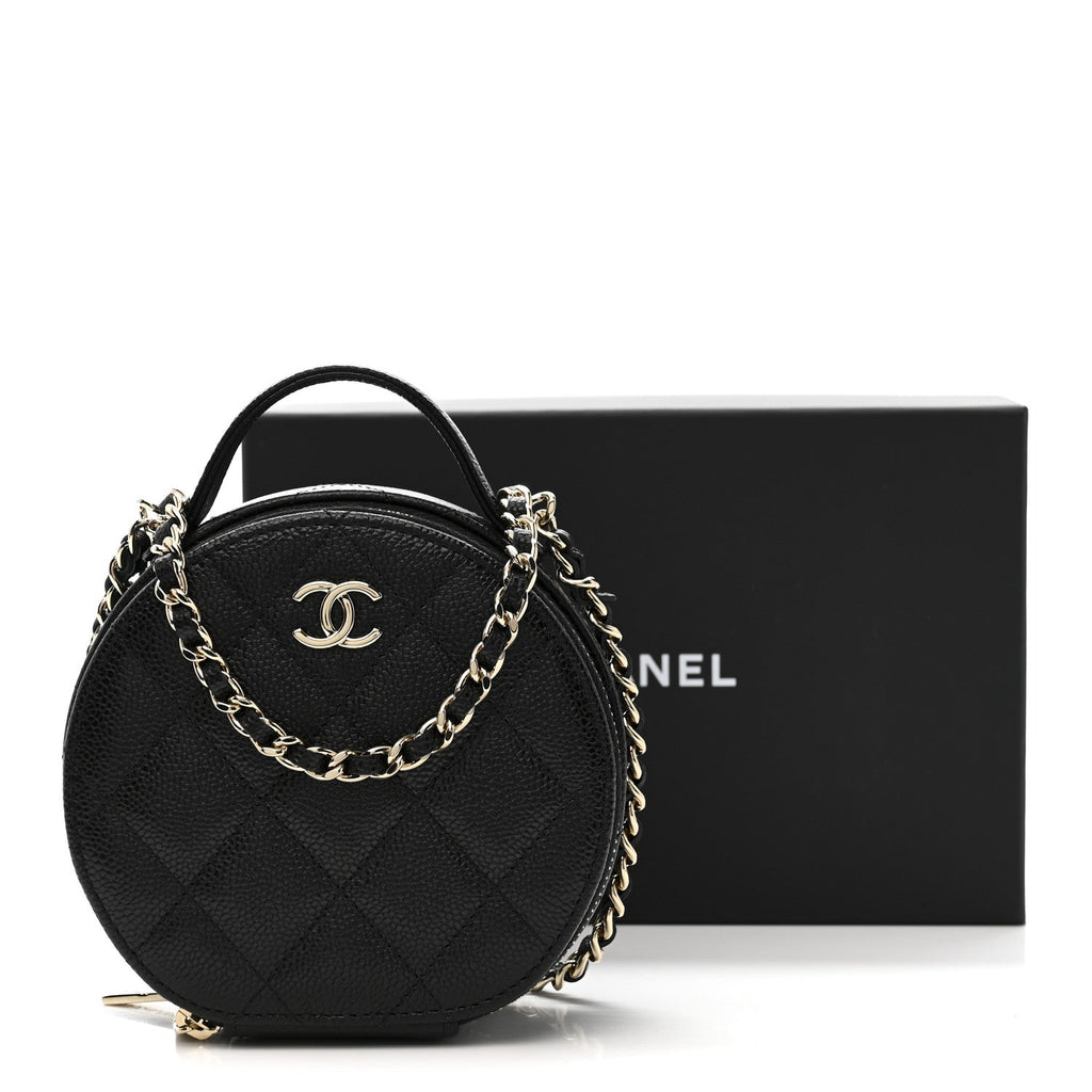 Chanel Caviar Quilted Round Handle With Care Vanity With Chain Black