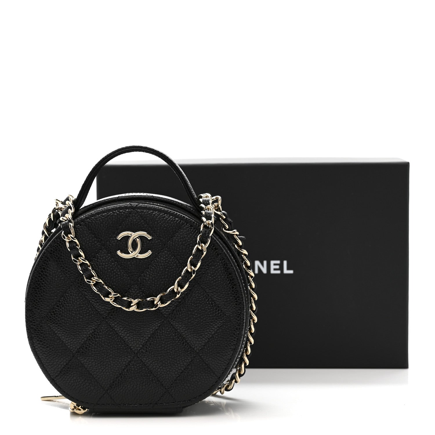Chanel Caviar Quilted Round Handle With Care Vanity With Chain Black