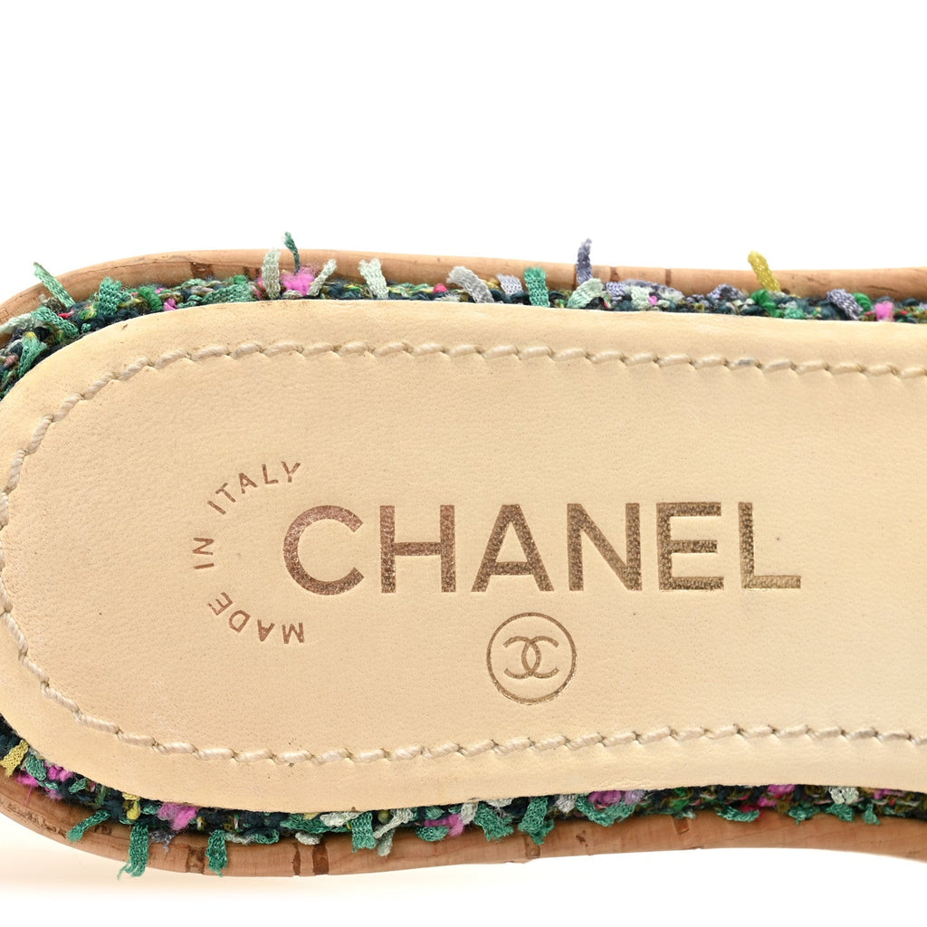 Chanel Tweed Cork CC Chain Mule Sandal 36.5 Green Multicolor