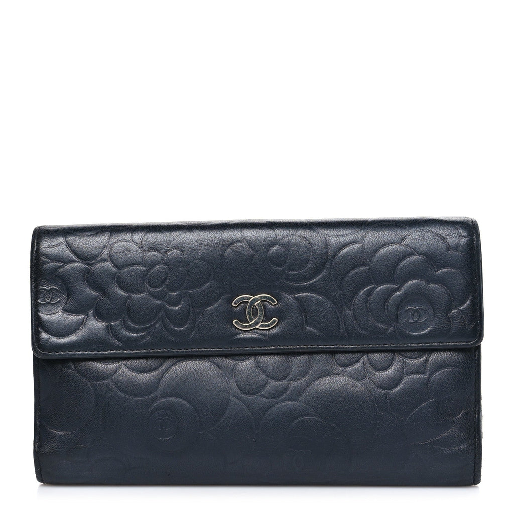 Lambskin Camellia Embossed Long Double Wallet Black