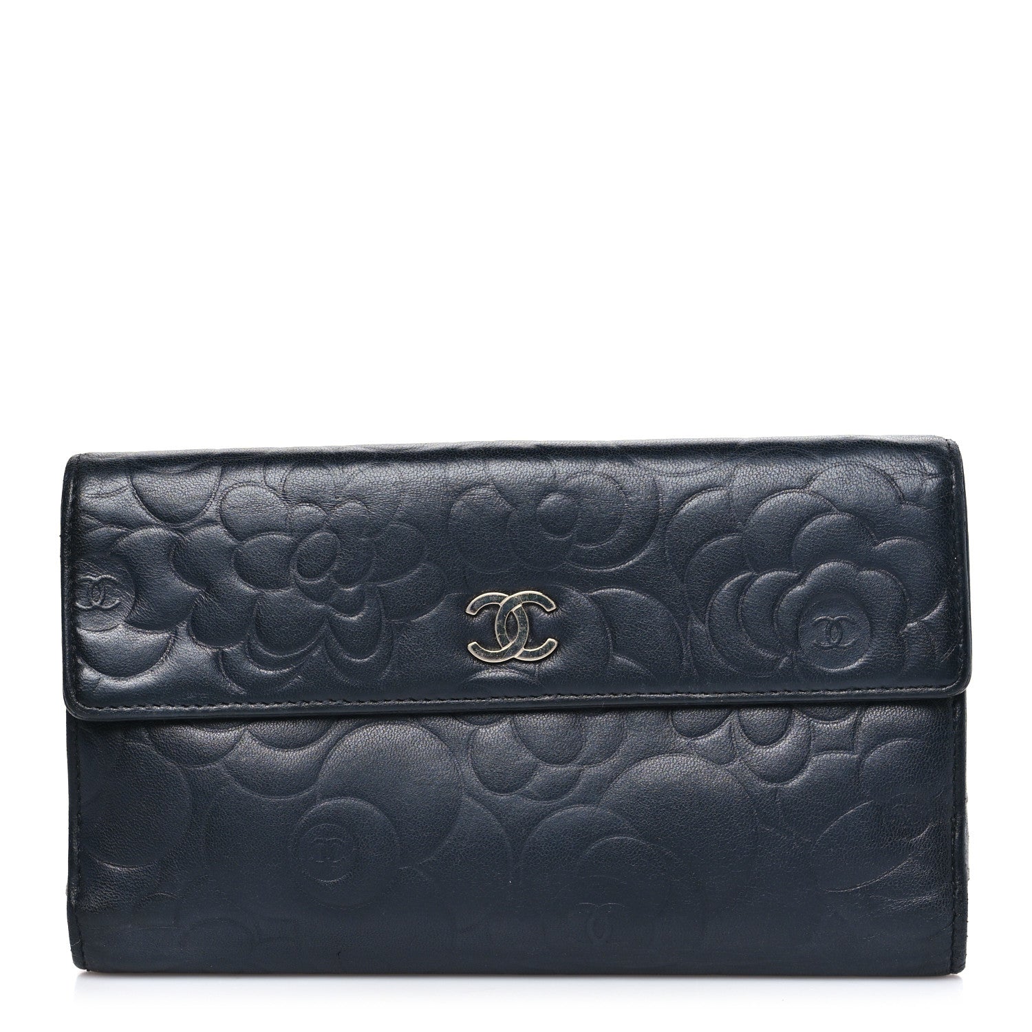 Lambskin Camellia Embossed Long Double Wallet Black