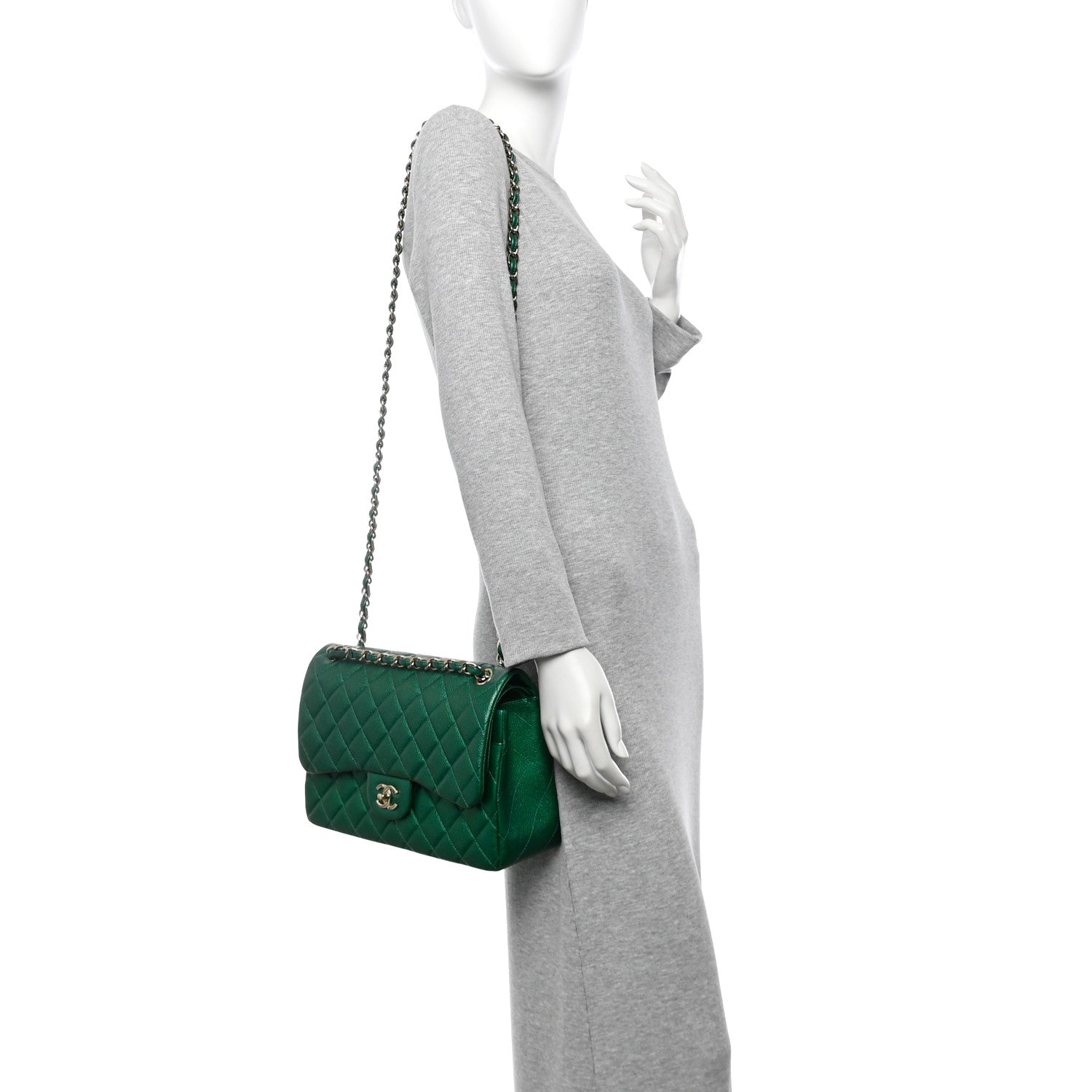 Chanel Metallic Caviar Quilted Jumbo Double Flap Green