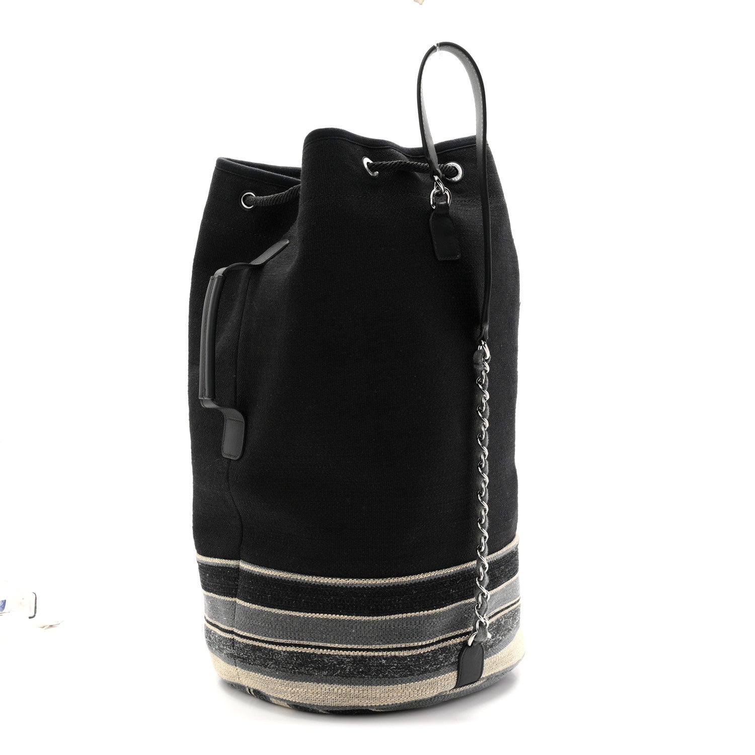 Chanel Striped Canvas Deauville Drawstring Backpack Black