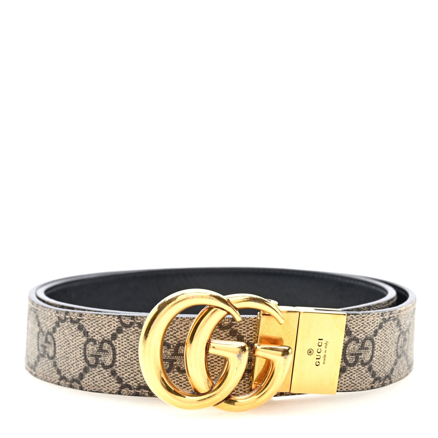 Gucci GG Supreme Monogram Plutone Calfskin Double G Reversible 30mm Belt 85 34 Beige Ebony Black