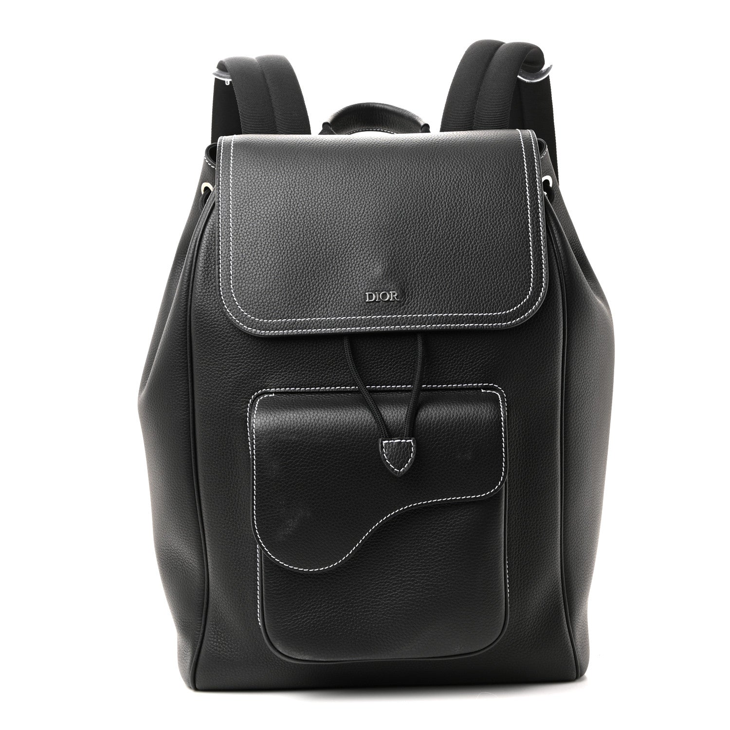 Christian Dior Grained Calfskin Saddle Drawstring Backpack Black