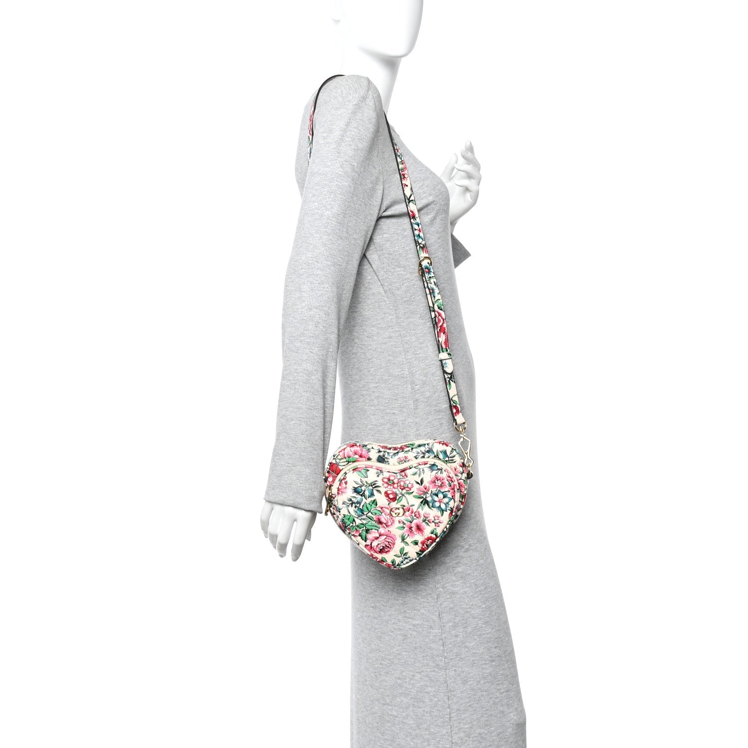 Gucci Calfskin Matelasse Diagonal Brit Roses Print Mini Interlocking G Heart Shoulder Bag  White Multicolor